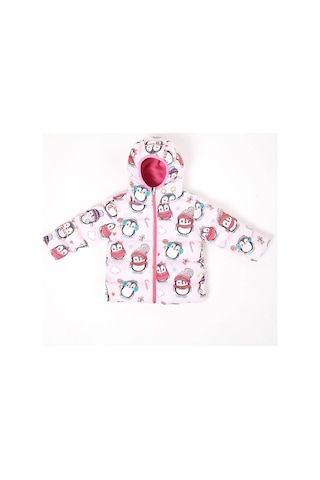 Spor Kız Çocuk Polarlı Kürklü Kapüşonlu Penguen Şeker Desenli Şişme Mont Parka-103 Pembe