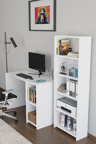 Kitaplıklı Çalışma Masası Bilgisayar Masası Raflı Öğrenci Ofis Masası 5 Raflı Ders Çalışma Masası Beyaz