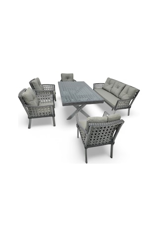 Wellagarden Side Rattan Bahçe Masa Takımı, 7 Kişilik Gri Gri