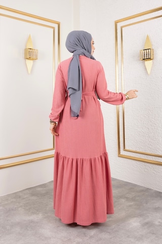 Hira Life Fashion Kadın Tesettür Giyim Belden Kuşaklı Ve Bisiklet Yaka Bürümcük Kumaş Elbise Gül Gül