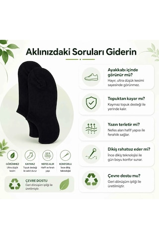 Çorap Giyim Kadın Geri Dönüşüm İplikli 12 Li Görünmez Sneaker Çorap, İnce Dikişli Nefes Alan Babet Çorap Siyah Beyaz Gri Gri Simli