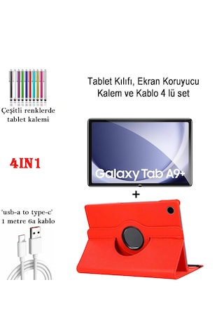 Samsung Galaxy Uyumlu Tab A9+ 11'' Sm-x210 360 Dönebilen Standlı Pu Deri Kılıf+ekran Koruyucu+kalem+kablo Dönerli Kılıf