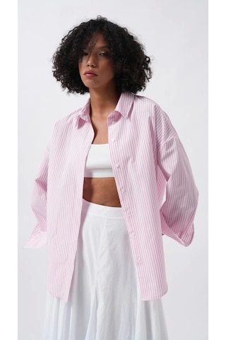 Defymoda Çizgili Basic Gömlek Pembe