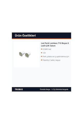 Trobus Led Park Lambası T10 Beyaz 8 Ledli Çift Takım