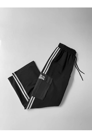 İki İplik Kumaş Kargo Cepli Şeritli Alt Esofman - Siyah Siyah