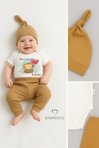 Babyden's Dayısının Aslanı Yazılı 3'lü Bebek Takımı - Çıtçıtlı Body, Ribana Şapka Ve Pantolon - %100 Pamuk Set Kahverengi