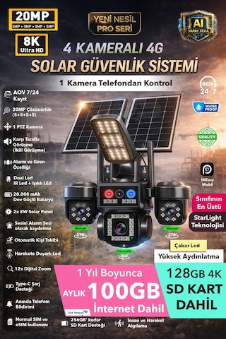 20mp 8k 4 Kamera 1 Otomatik 100gb İnternet Ve 128gb Sd Kart Dahil 4g Solar Güneş Enerjili Kamera