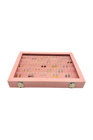 Camlı Küpe Koleksiyon Kutusu Süet Pembe