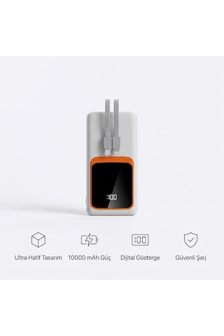 10000 Mah Akıllı Powerbank - Ultra Hafif, Dijital Led Göstergeli Beyaz