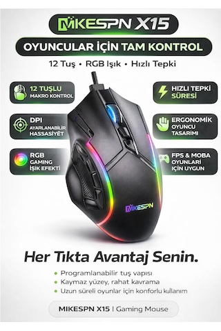 Mıkespn X15 Rgb Oyuncu Mouse 12 Tuş Ayarlanabilir Dpı