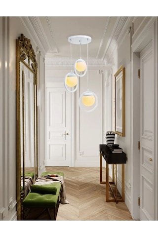 Halka 3 Lu Tepsi Glop Beyaz Renk Camlı Beyaz Avize. Salon, Mutfak Beyaz