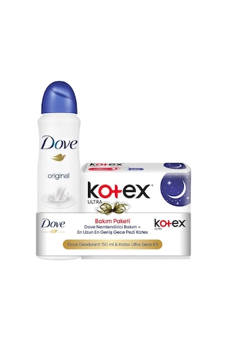 Dove Original Kadın Sprey Deodorant 150 ML + Kotex Ultra Gece Kadın Pedi 6'lı