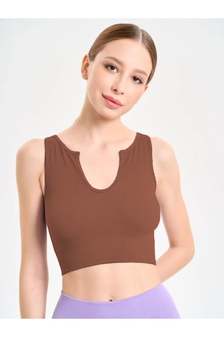Mistirik Florio Model Seamless Örme Kumaş Sıkılaştırıcı Bluz Biker Crop Model Kahve Renk Kahve
