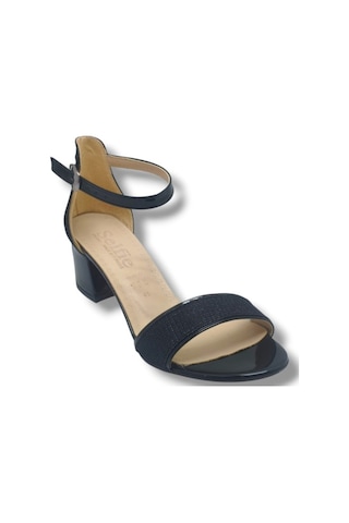 Selfie 4270-26 Simli Rugan Tek Bant Orta Topuk Büyük Numara Fashion Kadın Sandalet 5,5cm 41-43 Siyah