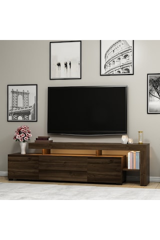 Beliz Modern LED Işıklı 3 Kapaklı, Raflı TV Sehpası – 192 cm, Ceviz
