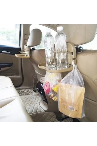Shineyee Araba Arka Koltuk Folding Masa - Yemek İçeceği Tutucu, Telefon Tutucu, Çok Fonksiyonlu Depolama Rafı - Bej