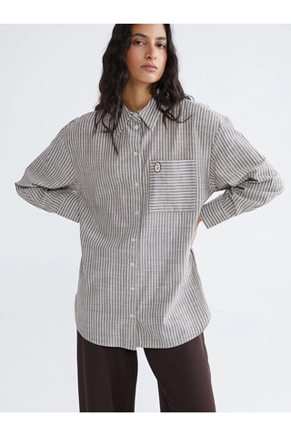 LC Waikiki Kahverengi Çizgili Oversize Poplin Kadın Gömlek Tunik