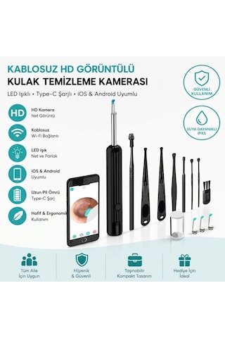 Siyah Kablosuz Hd Görüntülü Kulak Temizleme Kamerası, Led Işıklı Type-c Şarjlı İos Ve Android Uyumlu Kulak Temizleme Seti 5047