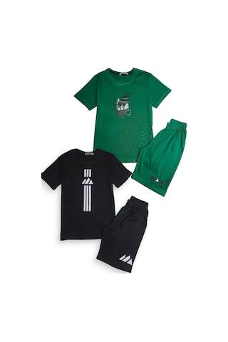 Minik Motion 2'li Set Kısa Kollu Tshirt Ve Şortlu Çocuk Minikmotion Alt Üst Takım Siyah-yeşil