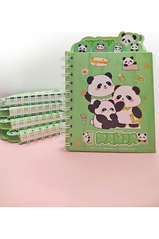 Sevimli Panda Ayraçlı A5 Not Defteri 14x18 Cm - Panda Ailesi Yeşil