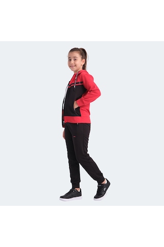 Slazenger NOON Çocuk Fermuarlı Kapüşonlu Cepli Siyah / Kırmızı Eşofman Takımı