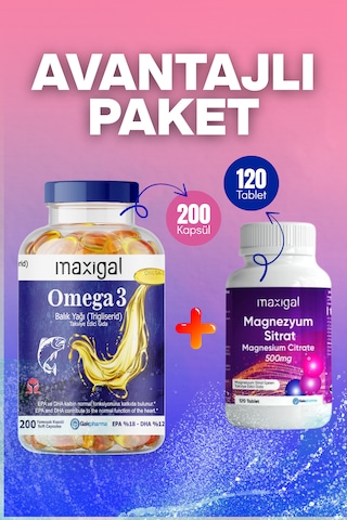 Omega 3 Balık Yağı 200 Kapsül + Magnezyum Sitrat 120 Tablet Avantajlı Paket