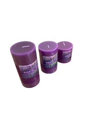 Silindir Mum 3'lü Kokulu Büyük Mum Dekoratif Mum Seti Mor