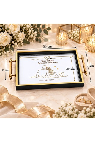 Bk Gift Kişiye Özel Siyah&gold Söz Nişan Tepsisi-8 - 39x23 Cm Çok Renkli