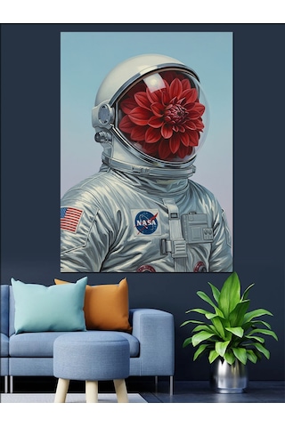 Karizma Tablo Astronot Başlı Çiçekli Adam Dekoratif Kanvas - Mdf Ahşap Tablo