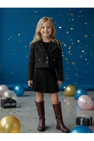 Zekids Kız Çocuk Tüvit Simli Crop Ceket-16432 Siyah