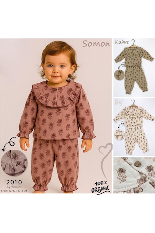 Babyhola Kız Bebek Bayramlık Takım Fırfır Yakalı Çiçek Desenli Müslin İkili Set 2010 Kahverengi