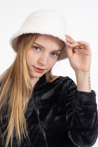 Ladycolor Şapka Kıvırcık Peluş Kumaş Bucket Modeli Krem Krem