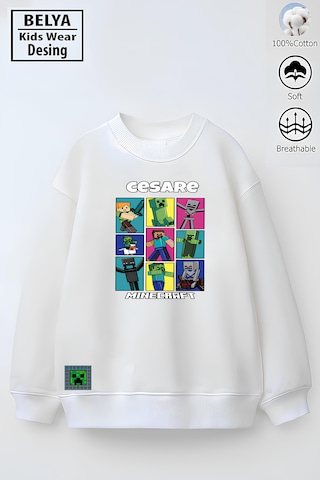 Belyakidswear Tam Kalıp Oversize Erkek Çocuk Pamuğa Pamuk 3 İplik Kumaş Min2 Tasarım Sweatshirt Beyaz