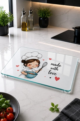 Luminaglass Cam Kesme Tahtası Made With Love Temalı - Cam Kesme Tablası 20cm X 30cm Beyaz