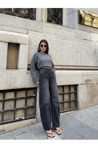 Out Of Standart Kadın Barrel Leg Normal Bel Düz Paça Jean Pantolon Antrasit