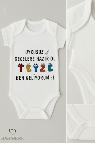 Babyden's Uykusuz Gecelere Hazır Ol Teyze Yazılı Pamuk Çıtçıtlı Bebek Zıbını Kısa Kollu Body Unisex Beyaz