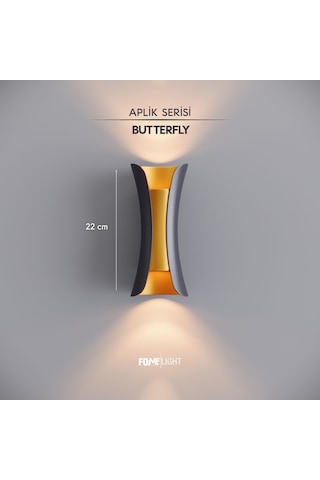 FoneLight Butterfly 22 cm Siyah Altın Alüminyum LED Duvar Apliği IP65 Dış Mekan Bahçe Balkon Teras Villa Cephe Aydınlatması 3000K
