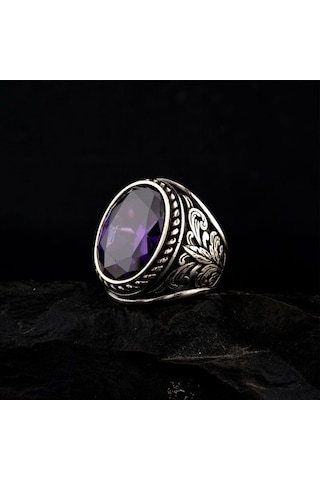 925 Ayar Gümüş Yaprak İşlemeli Ametist Taşlı Erkek Yüzük Çok Renkli
