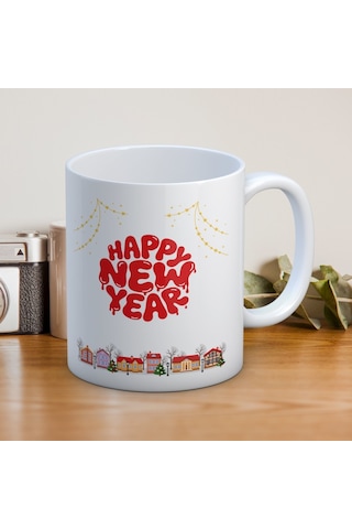 Yılbaşı Temalı Happy New Year Yazılı Hediyelik Kupa Beyaz