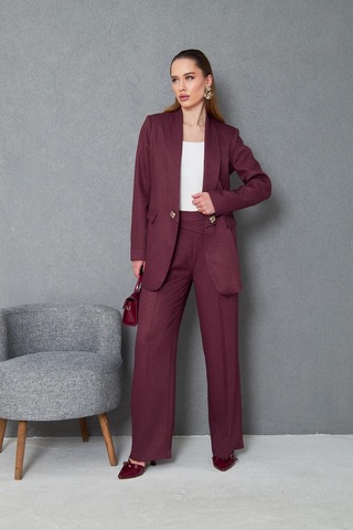 Kare Düğmeli Yünefekt Takım Mürdüm Düz Mürdüm