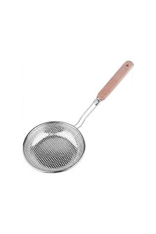 Ahşap Saplı Uzun Kulplu Çelik Kevgir Paslanmaz Metal Süzgeç, Derin Gövdeli, Ergonomik Tasarım, Isıya Dayanıklı, Mutfak Gereci 14 Cm Çok Renkli