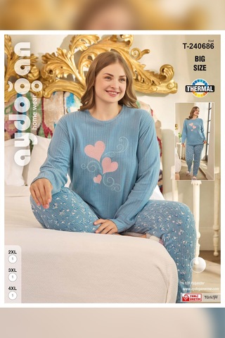 Aydoğan Kadın Suzi Büyük Beden Termal Mavi Pijama Takım 0686 Mavi
