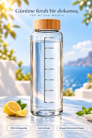 Tilbe Home Bambu Kapaklı Cam Matara Sporcu Suluğu Taşınabilir Su Şişesi 700 Ml Vakumlu Suluk Şeffaf