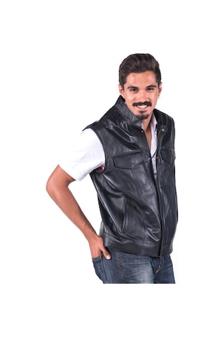 Dericlub E-04 Gür Gerçek Deri Erkek Yelek Siyah