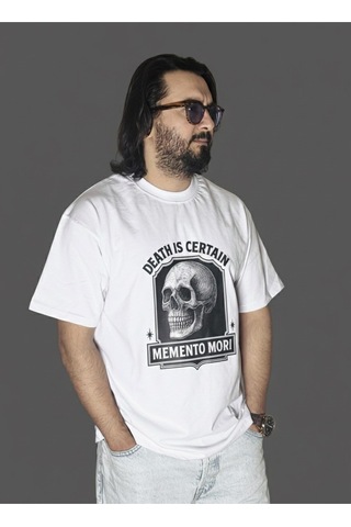 Dark Line Memento Mori Sırt Baskılı %100 Pamuk Unisex Beyaz Oversize T-shirt Beyaz