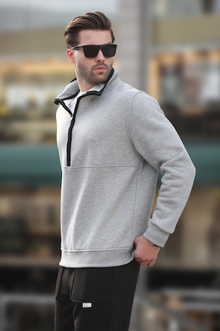 Madmext Gri Dik Yaka Yarım Fermuarlı Sweatshirt 7079 Gri