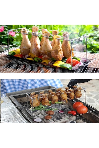 Gajeena Paslanmaz Çelik Tavuk Bacak Izgara Seti Katlanabilir Tasarım, Sıvı Toplama Tablası İle İç Ve Dış Mekan Uygun Gümüş