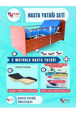 2 Motorlu Ahşap Hasta Karyolası Abc Boru Tipi Havalı Yataklı Set