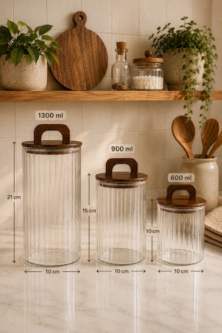 Aria - 3'lü Borosilikat Bambu Kapaklı 1300- 900 -600 Ml Kavanoz Takımı Çizgili Kahverengi
