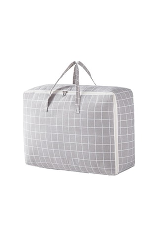 Springsun Büyük Boy Pamuk Keten Depolama Çantası - Battaniye, Kumaş, Yastık İçin Geniş Kabin - Gri Beyaz Kare Desenli Organize Ürünü Çok Renkli